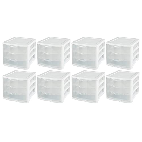 ClearView Compact Stacking 3 Drawer Storage Organizer System, White (8 Pack) N9645