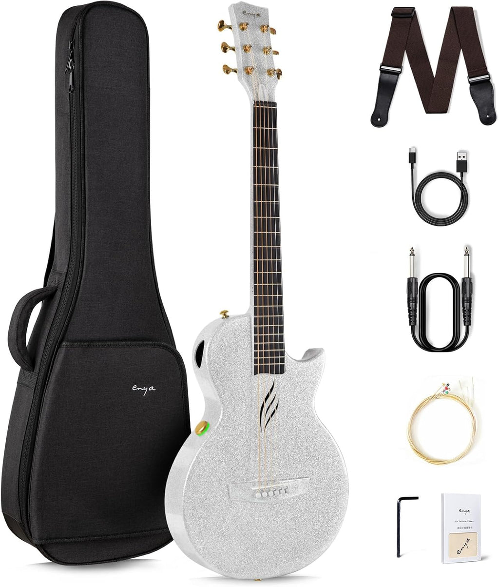 Carbon Fiber Acoustic Electric Guitar with Gig Bag, Strap, Strings, Instrument Cable (Sparkling Silver) L30161