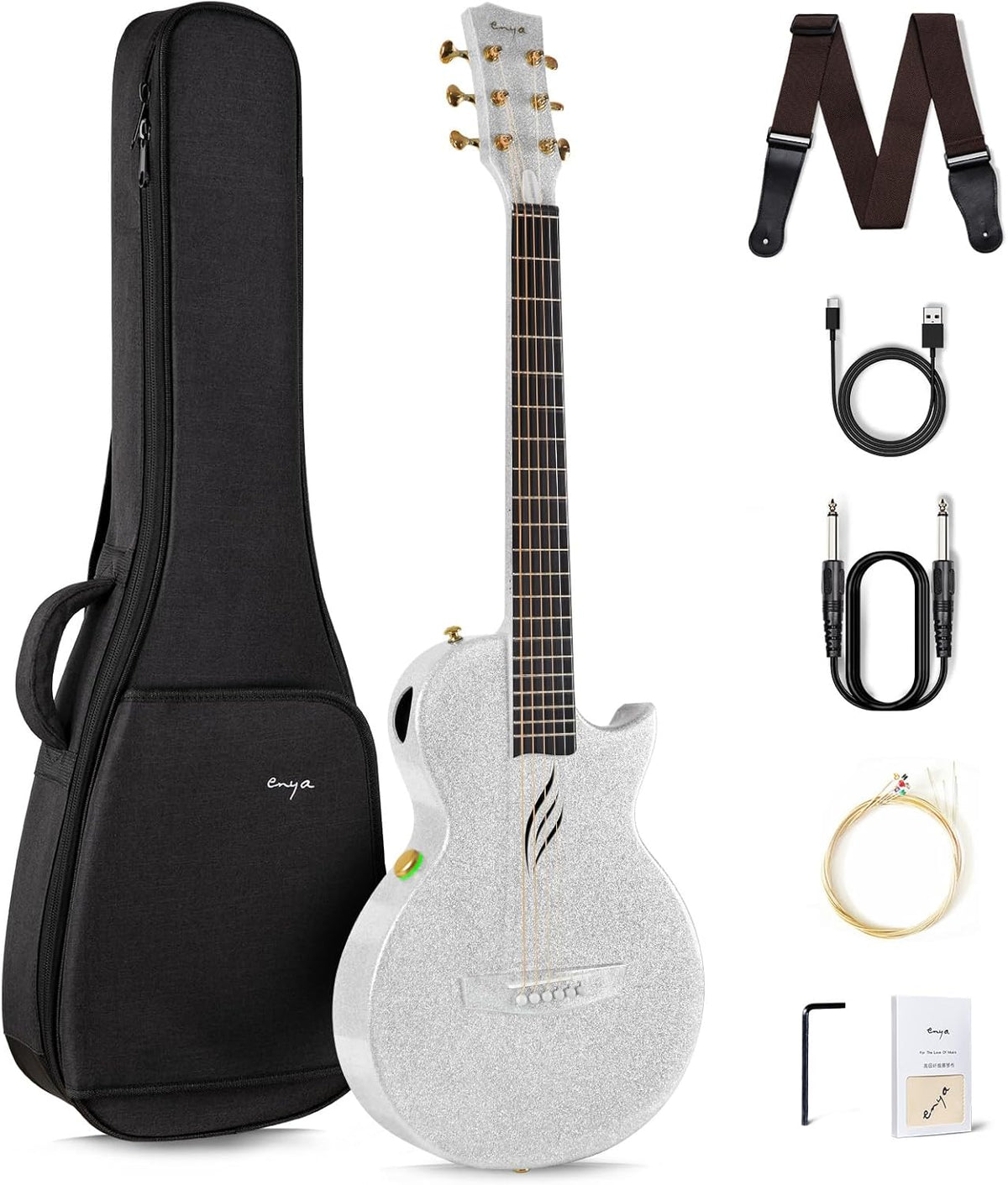 Carbon Fiber Acoustic Electric Guitar with Gig Bag, Strap, Strings, Instrument Cable (Sparkling Silver) L30161