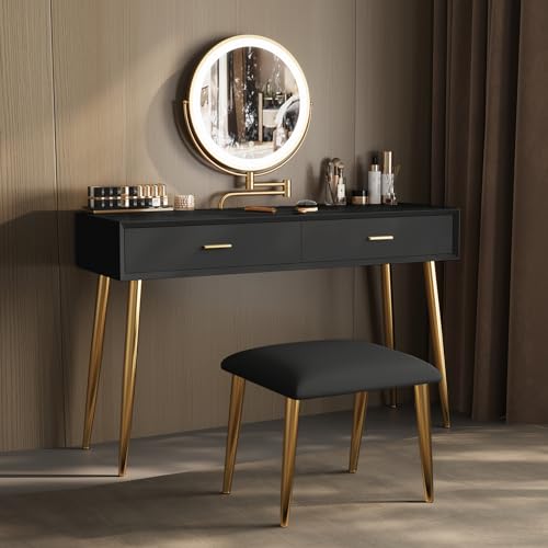 Black 31.5in Vanity Desk Set with 360° Rotating Mirror and Lights, 2 Drawers, Stool U967707