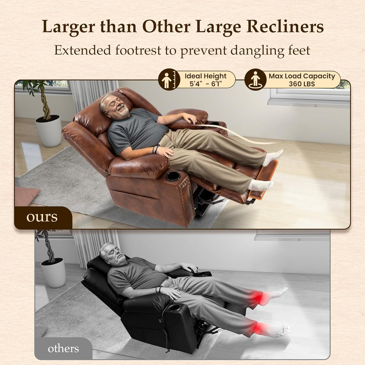 Large Power Lift Recliner with Extended Footrest, Heat and Massage M832