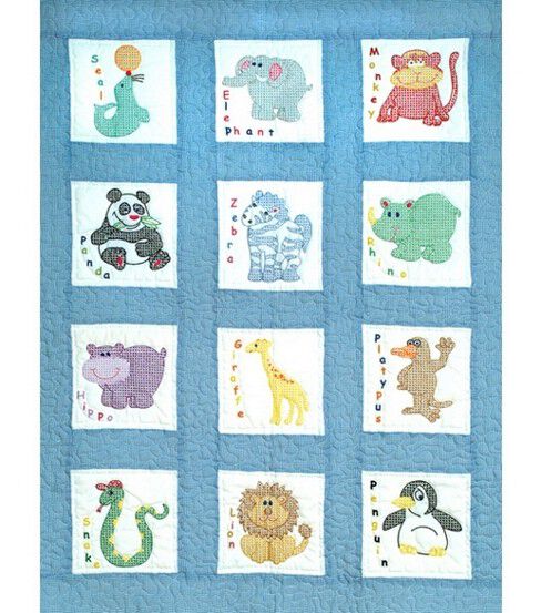 9 Zoo Animals Stamped Nursery Quilt Blocks 12ct B884