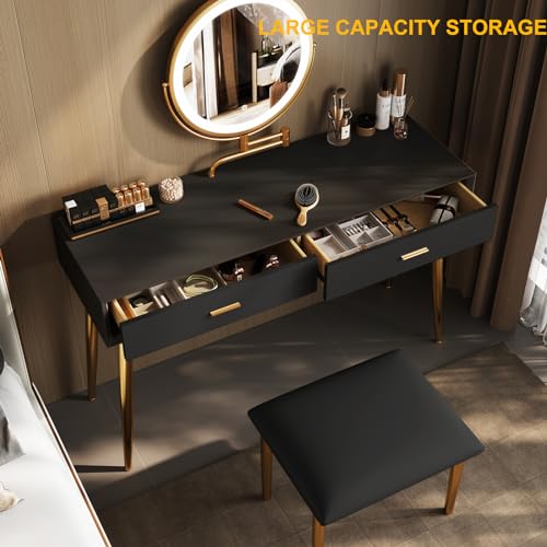 Black 31.5in Vanity Desk Set with 360° Rotating Mirror and Lights, 2 Drawers, Stool U967707