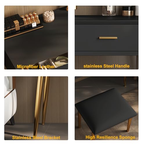 Black 31.5in Vanity Desk Set with 360° Rotating Mirror and Lights, 2 Drawers, Stool U967707