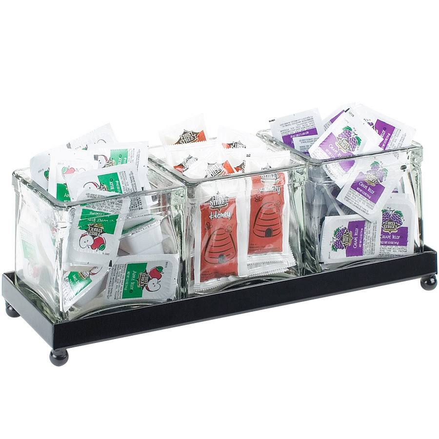 3 Section Glass Condiment Jar Display with Wire, Black U565