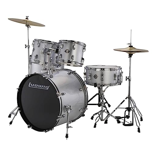 5-piece Complete Drum Set with 22-inch Bass Drum and Cymbals, Silver Sparkle G3079