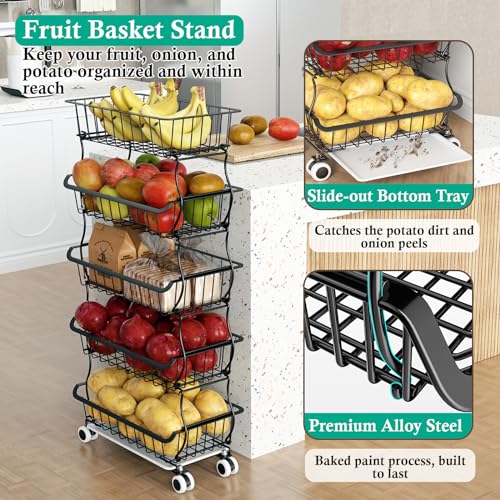 5 Tier Wire Fruit Basket with Wheels M31878