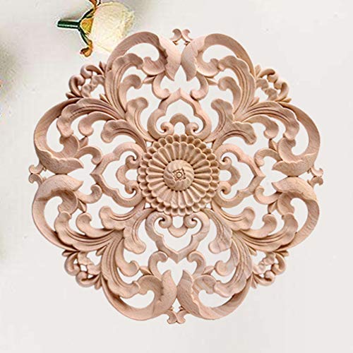Wood Carved Onlay Applique Round Flower Unpainted Corner Decal Wood Wall Art 15x15cm H52000