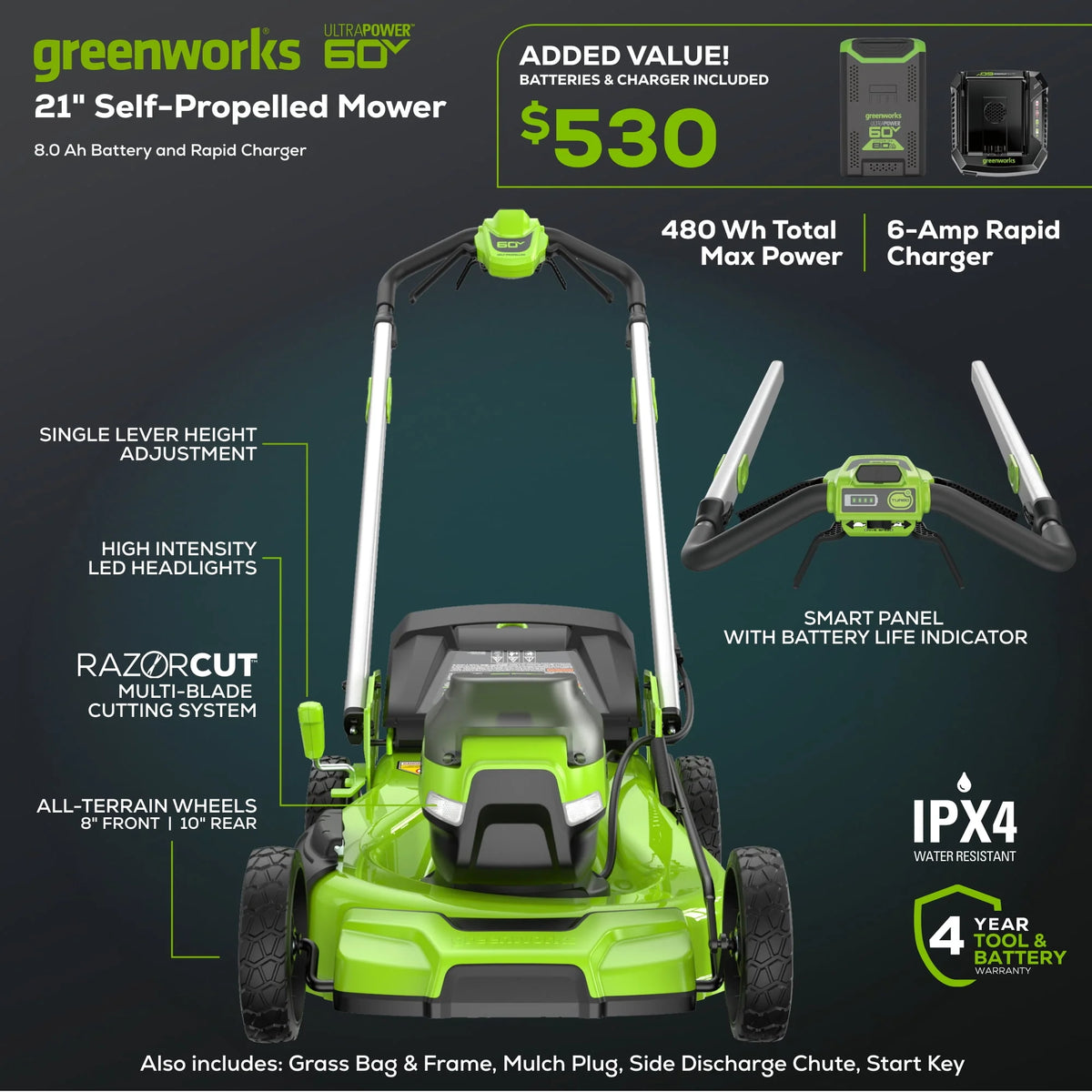 60V 21 Self Propelled Lawn Mower with 8.0 Ah Battery & Rapid Charger J73206