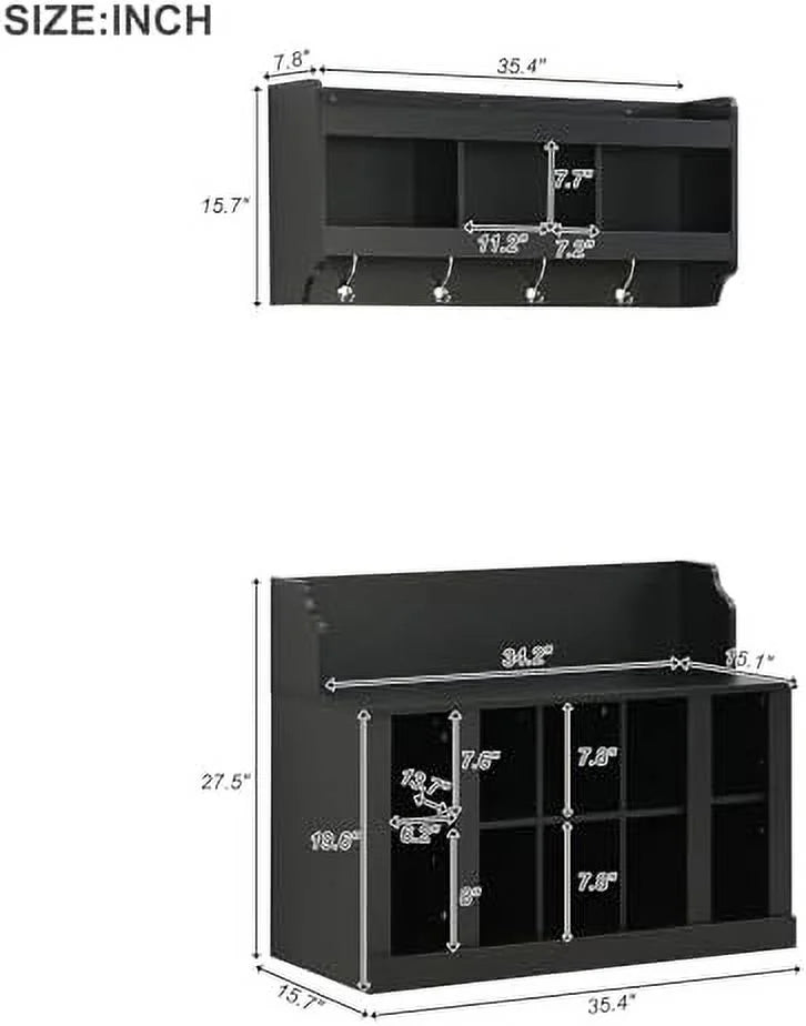 Black Entryway Hall Tree with Shoe Cabinet Bench and 8 Hooks I630