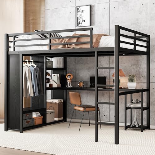 Full Size White Metal Loft Bed with Desk and Wardrobe J8561