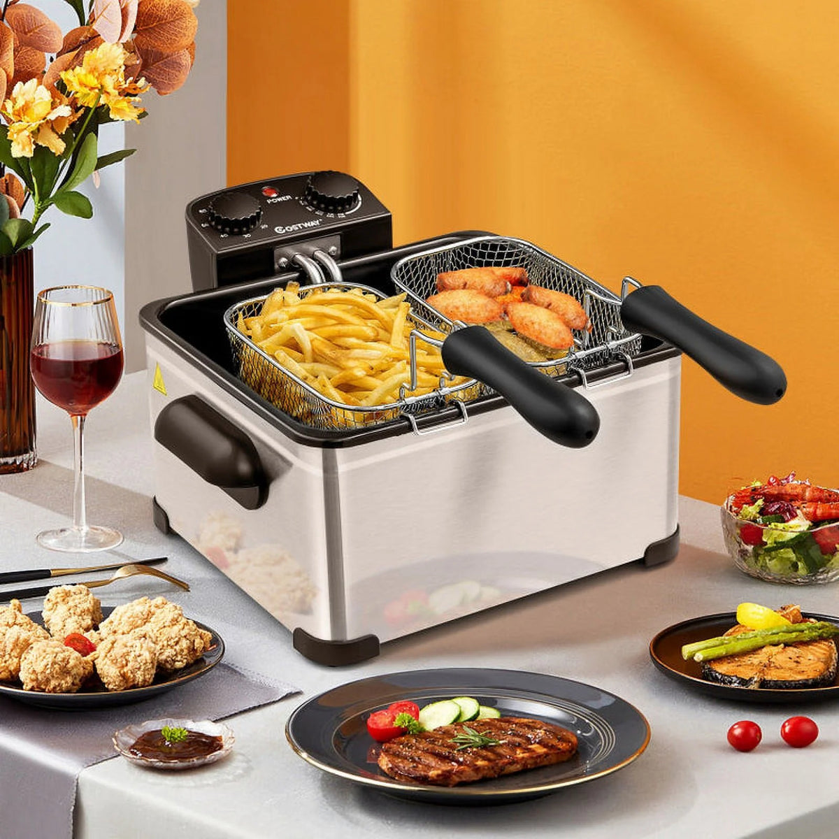 5.3Qt Stainless Steel Electric Deep Fryer with Triple Basket V1624
