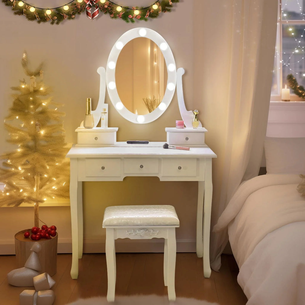 White 5 Drawer Vanity Table with Cushioned Stool Set F9501