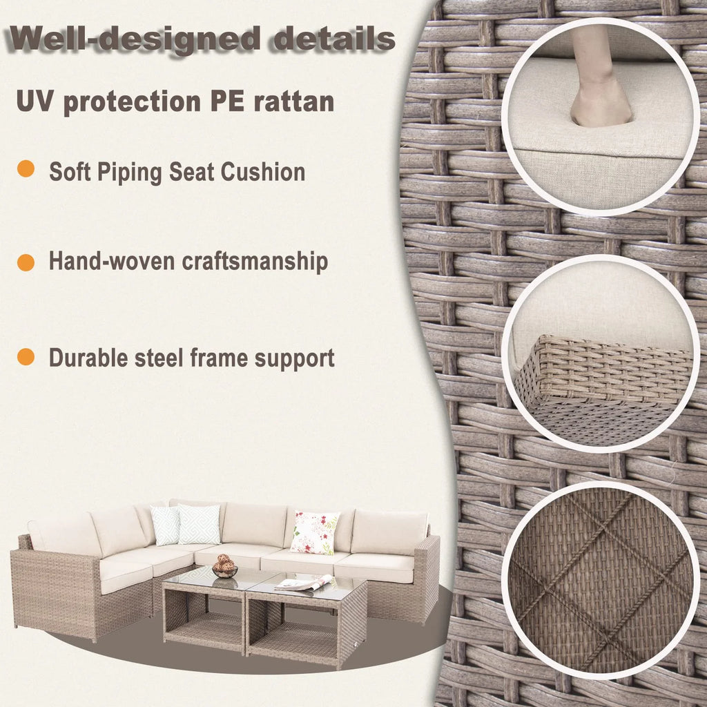 Wicker Patio Furniture Conversation Set Outdoor Rattan Sectional Couch Sofa with Coffee Table (12PCS Light Brown) B574
