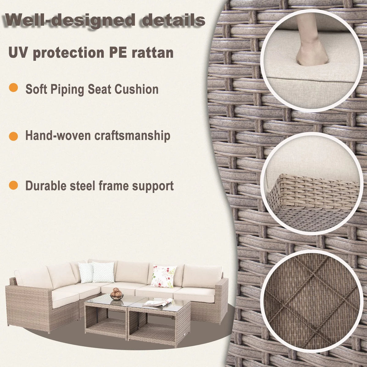 Wicker Patio Furniture Conversation Set Outdoor Rattan Sectional Couch Sofa with Coffee Table (12PCS Light Brown) B574