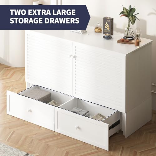 Queen Size White Murphy Bed with Tri-Folding Mattress and Storage Drawer H1958