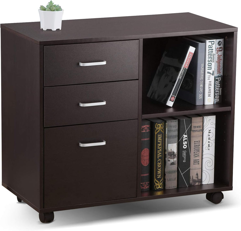 Oak Black 3 Drawer Mobile Wood File Cabinet with Wheels I21039