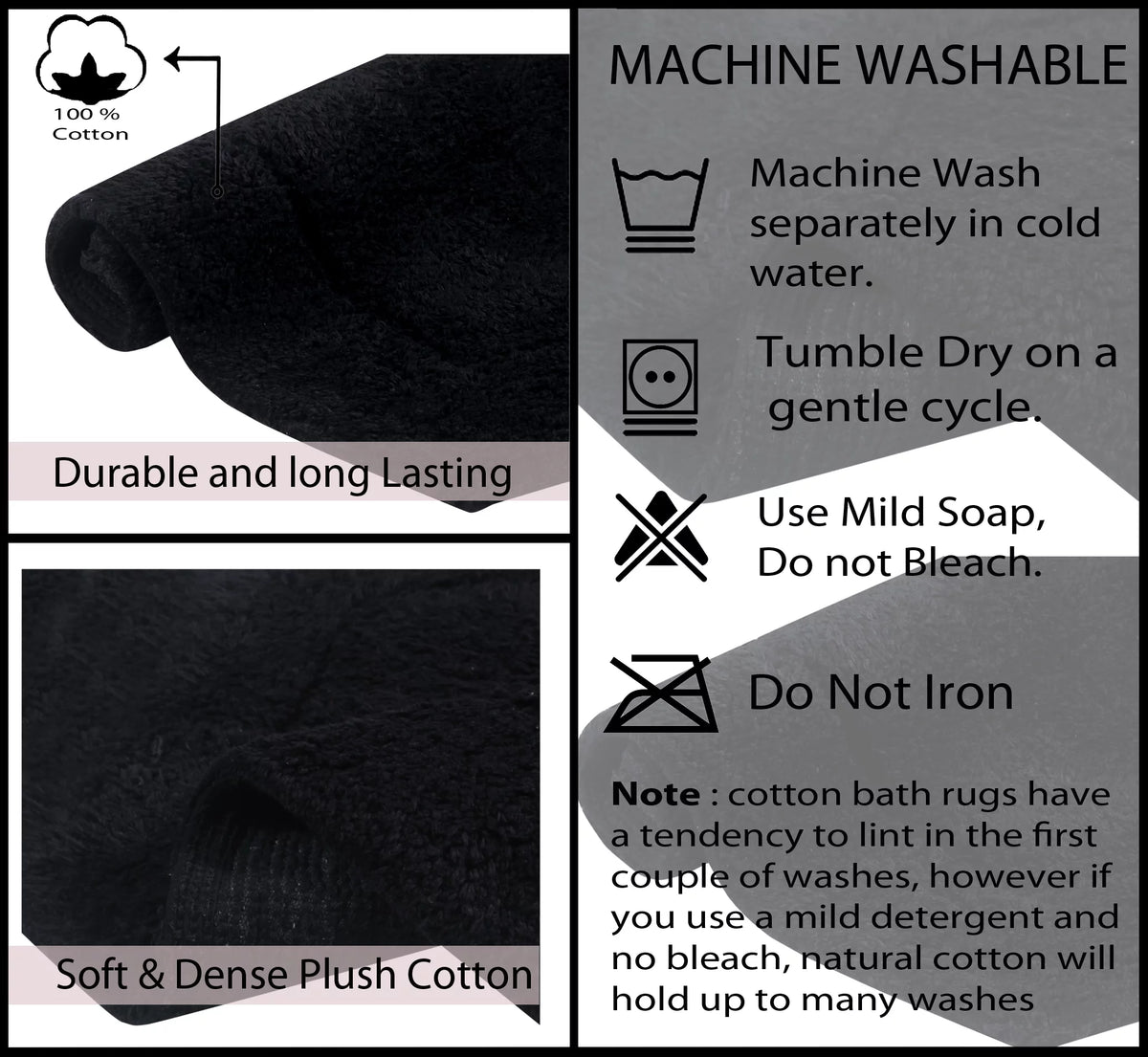 100% Cotton Tufted Non-Slip Bath Rug, 21"x34" Black O908166