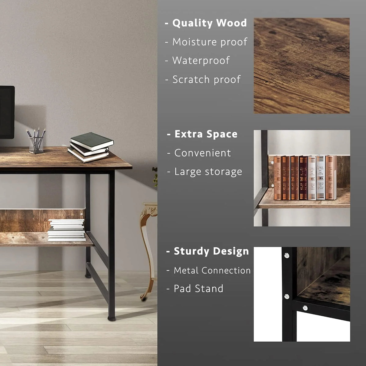55" Wood Office Desk with Metal Legs and Book Shelf Z1459