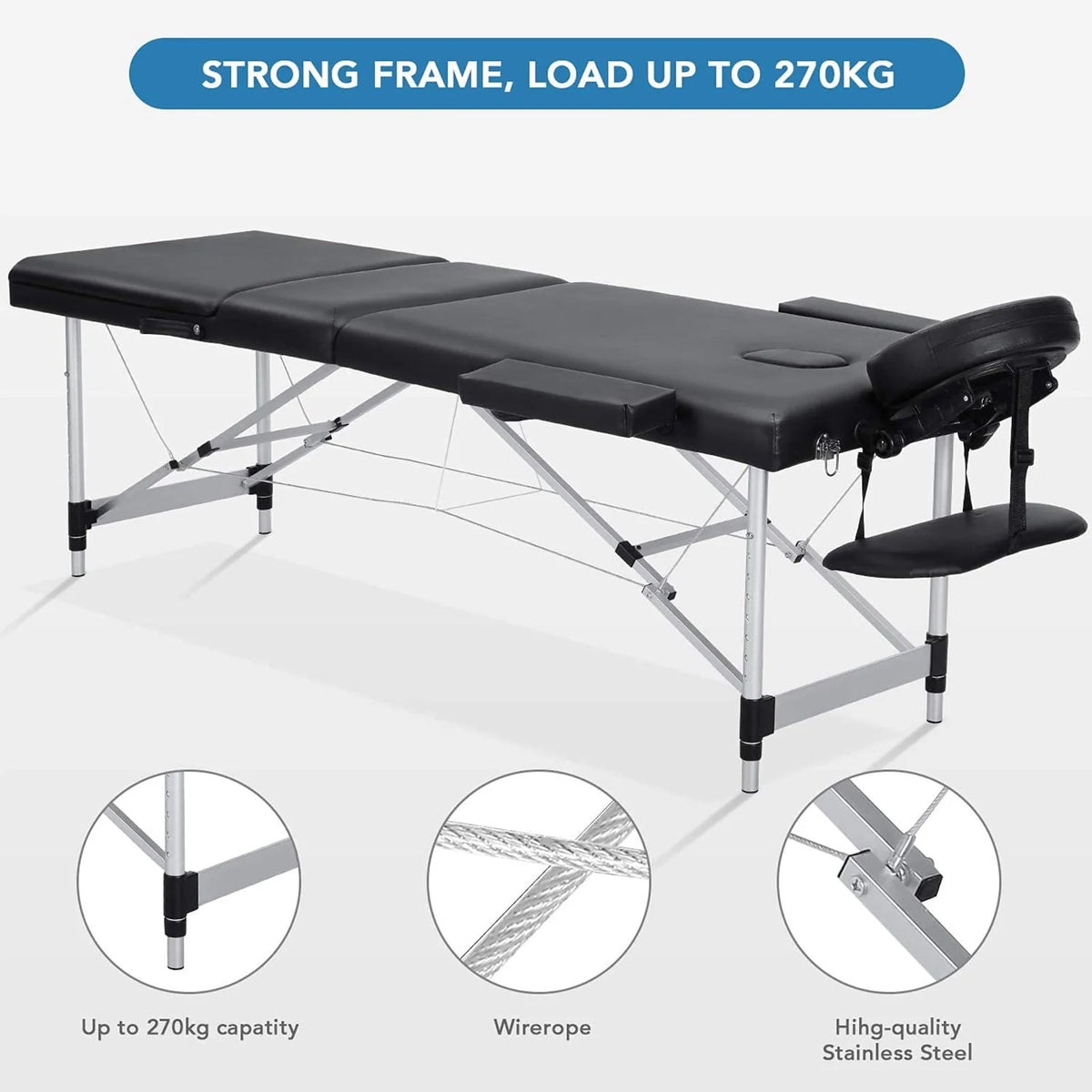 Portable Height Adjustable 3 Sections Wooden Massage Table with Face Hole and Carrying Bag T7826