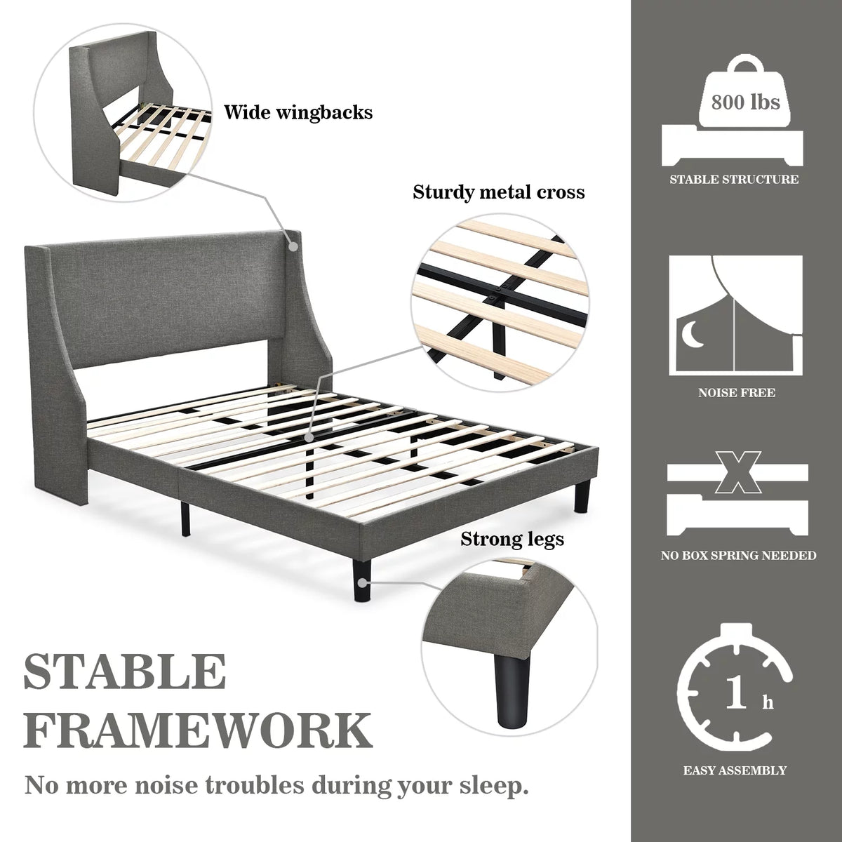 Queen Size Light Grey Upholstered Platform Bed Frame S964624