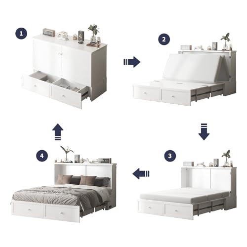 Queen Size White Murphy Bed with Tri-Folding Mattress and Storage Drawer H1958