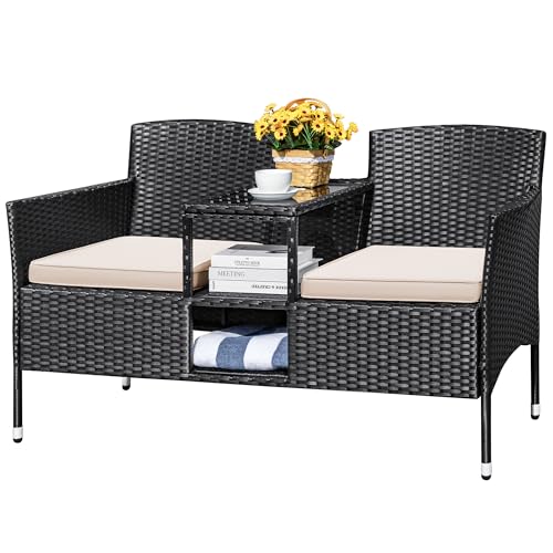 Beige Rattan 2-Seat Patio Loveseat with Cushions M464336
