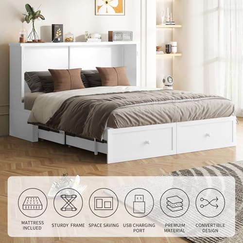 Queen Size White Murphy Bed with Tri-Folding Mattress and Storage Drawer H1958