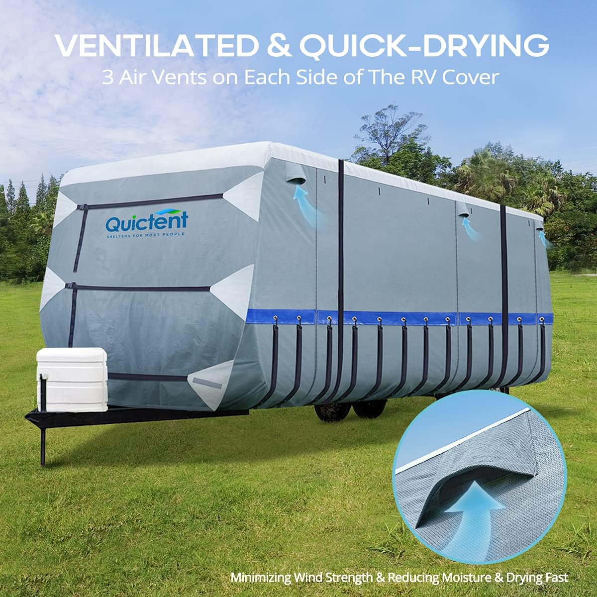 Extra-Thick 6-ply Travel Trailer RV Cover with 2 Windproof Straps, 4 Tire Covers J6855