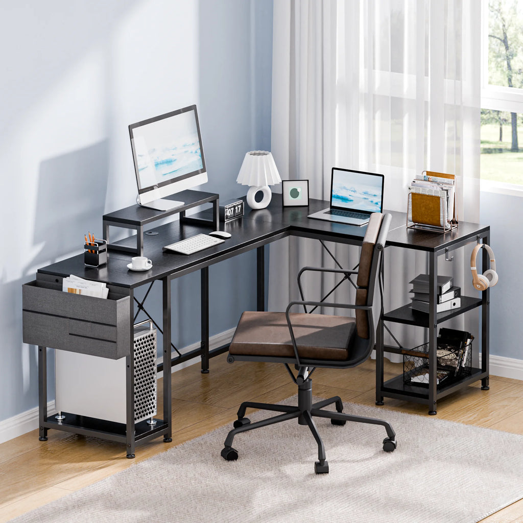 66 Inch Black L-Shaped Corner Desk with Shelves I295546