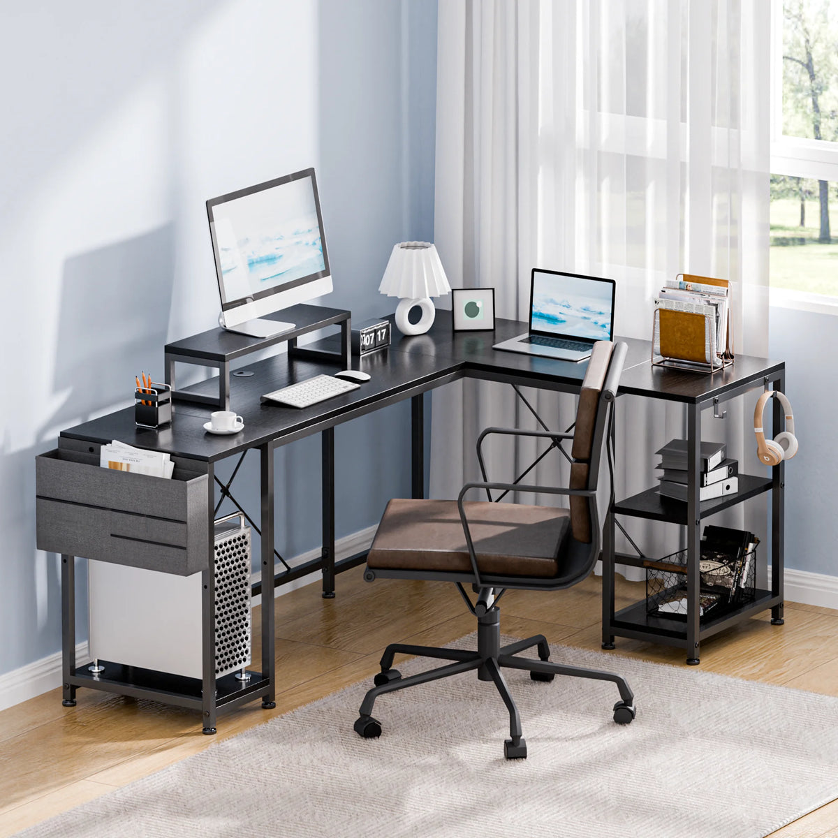 66 Inch Black L-Shaped Corner Desk with Shelves I295546