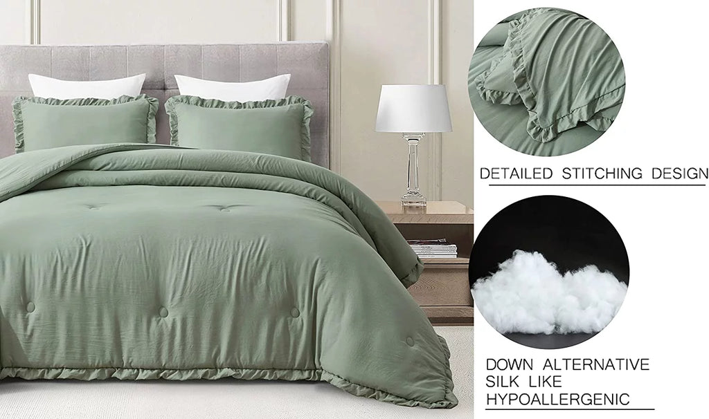 Sage Green Ruffled Edge Microfiber Comforter Set H254668