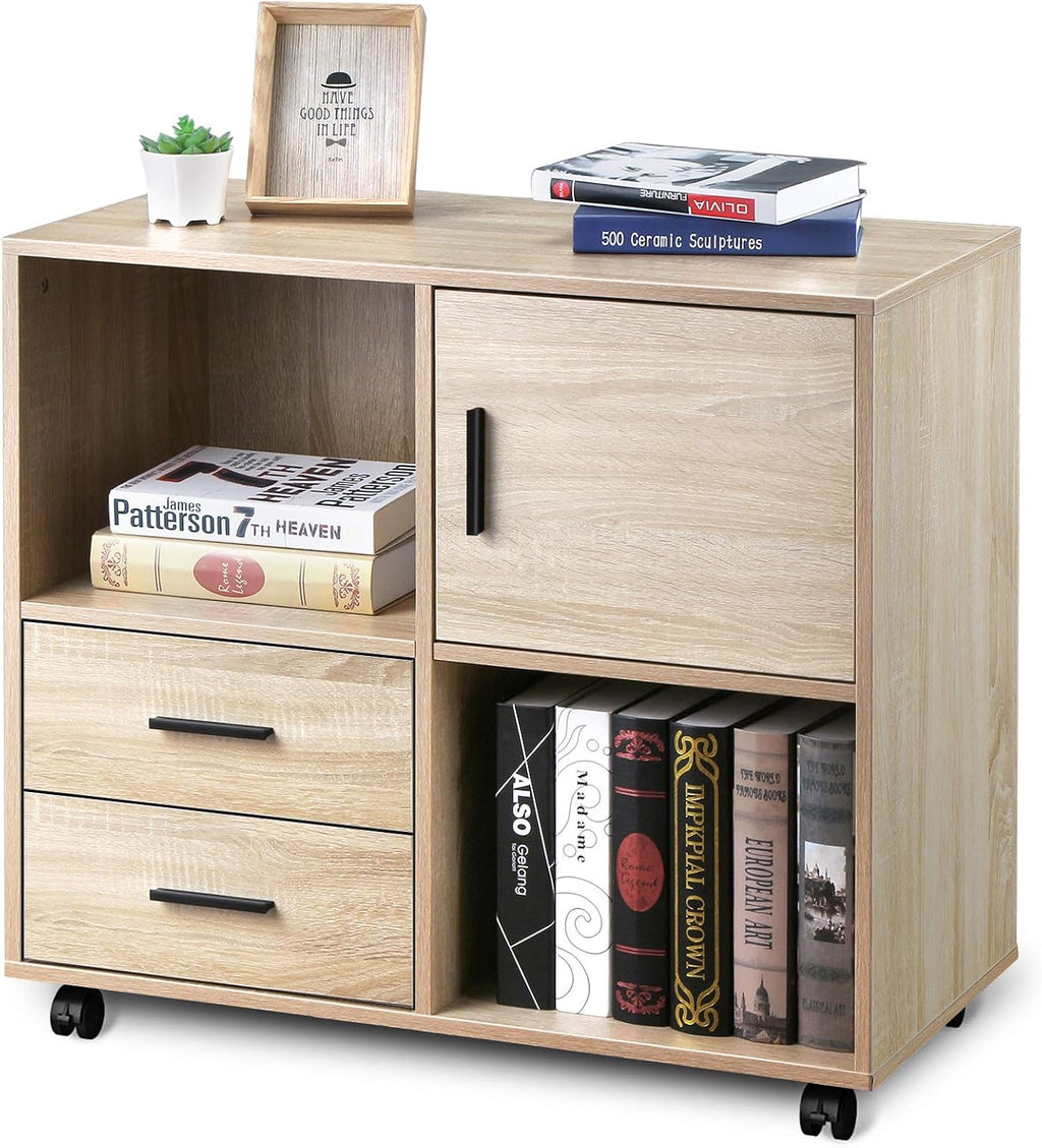 Oak Black 3 Drawer Mobile Wood File Cabinet with Wheels I21039