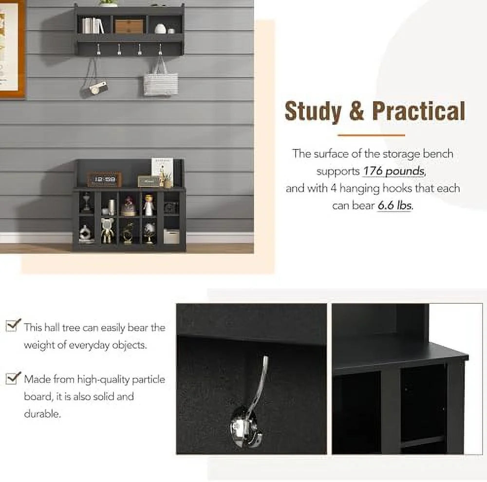 Black Entryway Hall Tree with Shoe Cabinet Bench and 8 Hooks I630