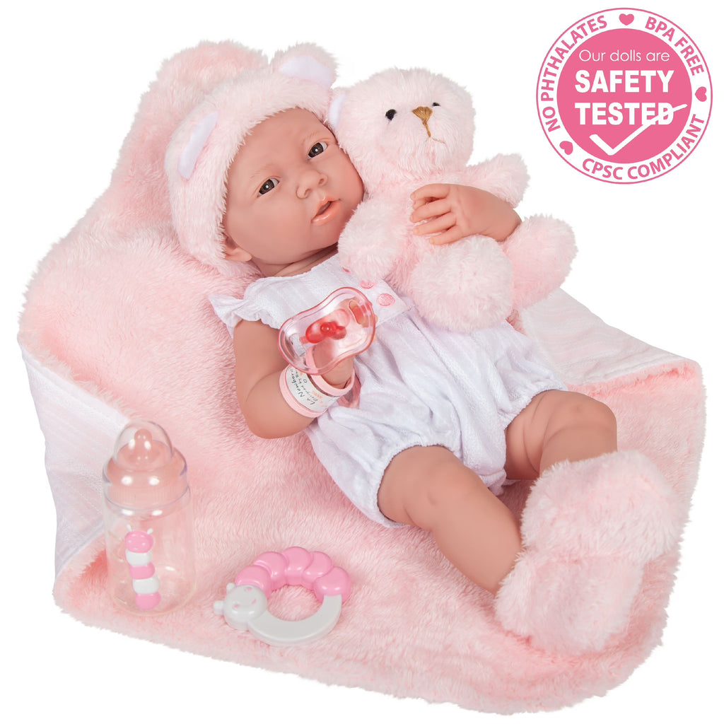 15 inch All-Vinyl Baby Doll In Pink And White With Deluxe Accessories E305