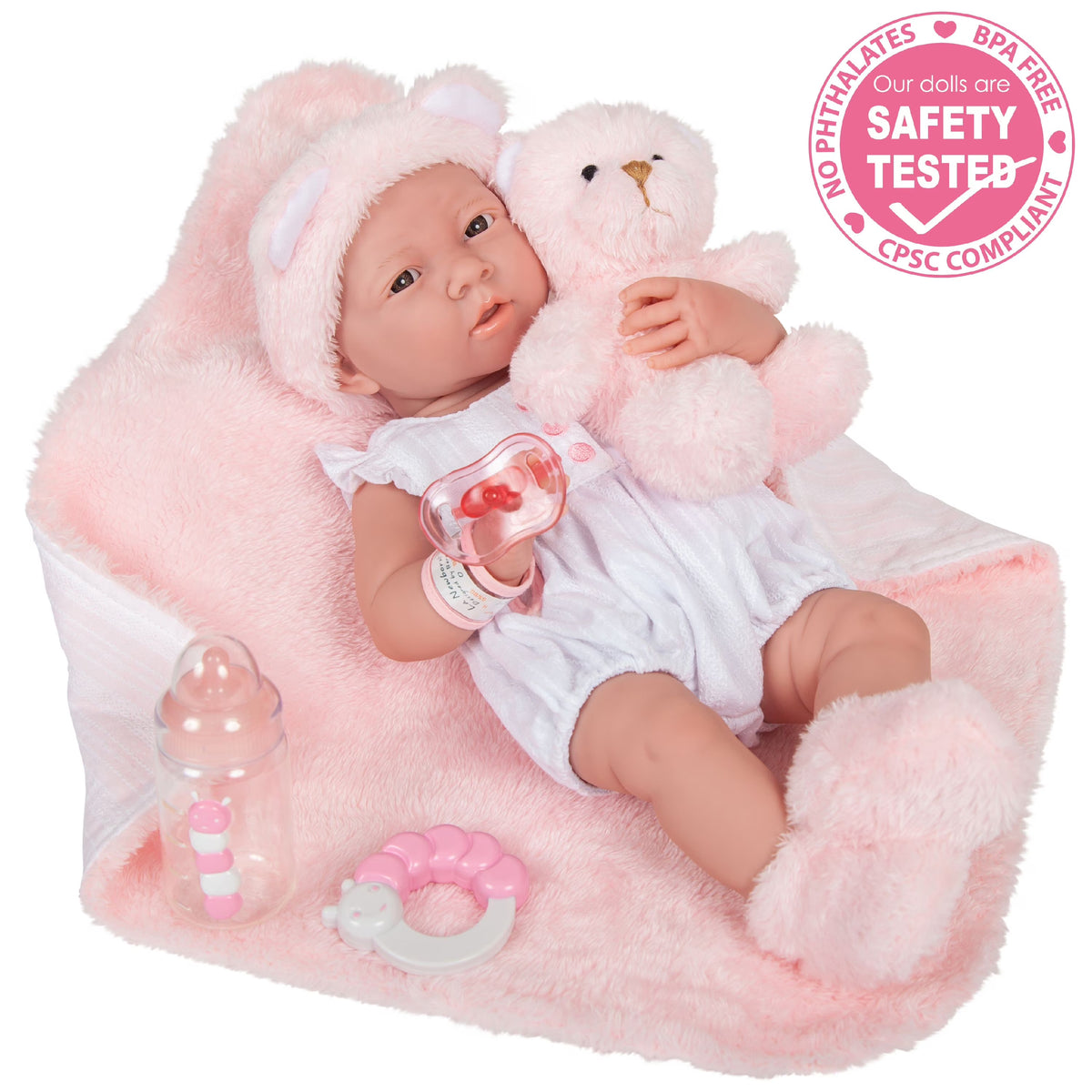 15 inch All-Vinyl Baby Doll In Pink And White With Deluxe Accessories E305