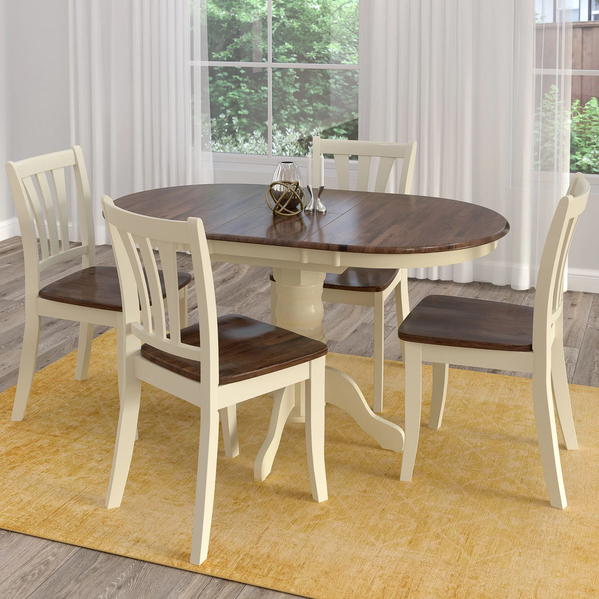 5 Piece Extendable Dark Brown and Cream Solid Wood Dining Set Q357