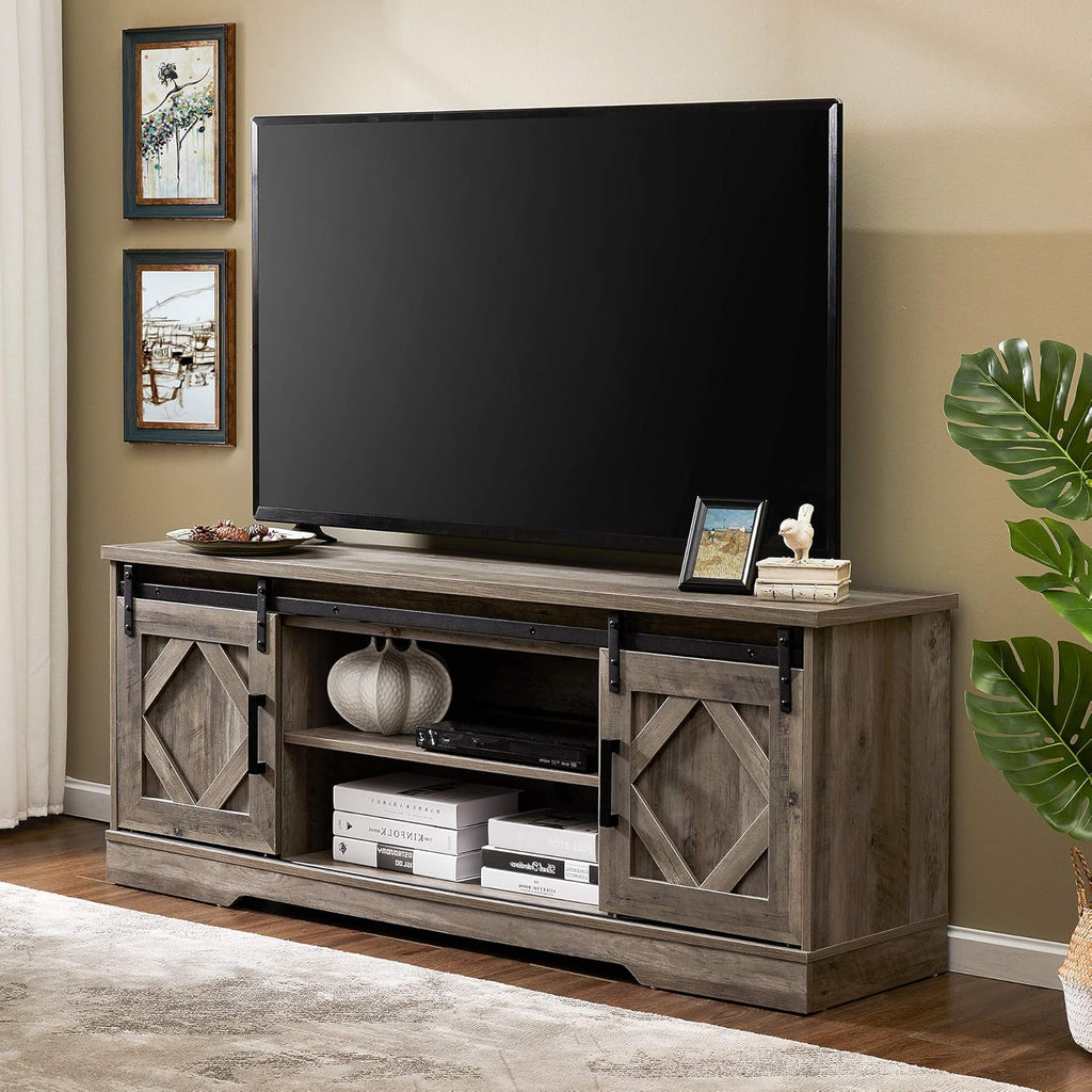 Farmhouse Sliding Barn Door TV Stand, Wood Media Console Table Cabinet 3-Level Adjustable Shelf, Wash Grey D99591