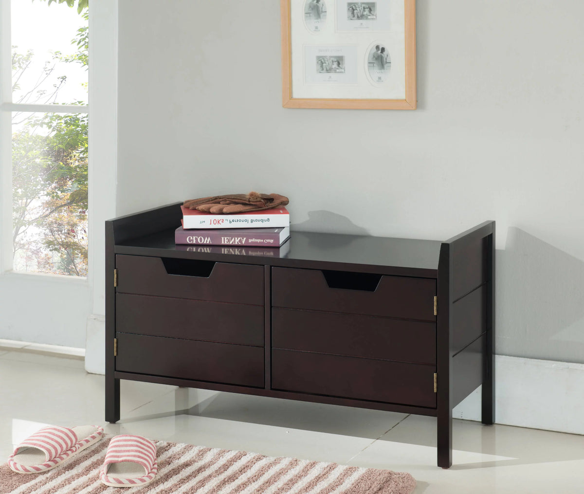 Espresso Wood Shoe Bench with Cabinet Storage H548262