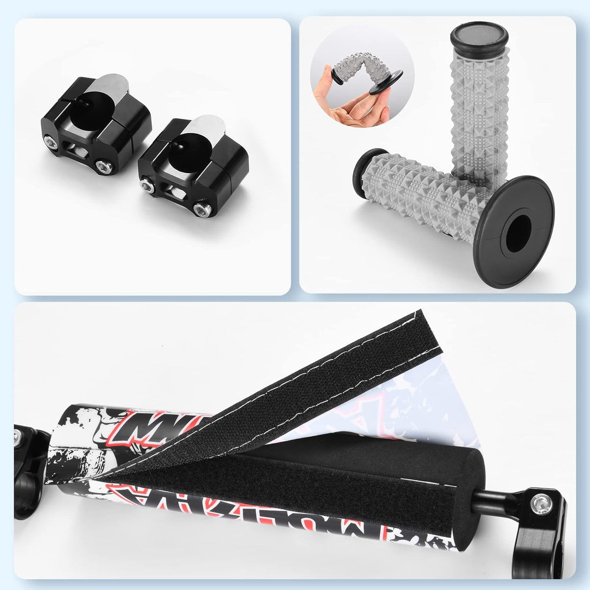 1 1/8" 28mm Handlebars 4 Pcs with Bar Pad, Universal Grips, Handlebar Brackets (Black) Pack of 2 F117