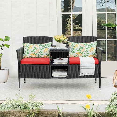 Beige Rattan 2-Seat Patio Loveseat with Cushions M464336
