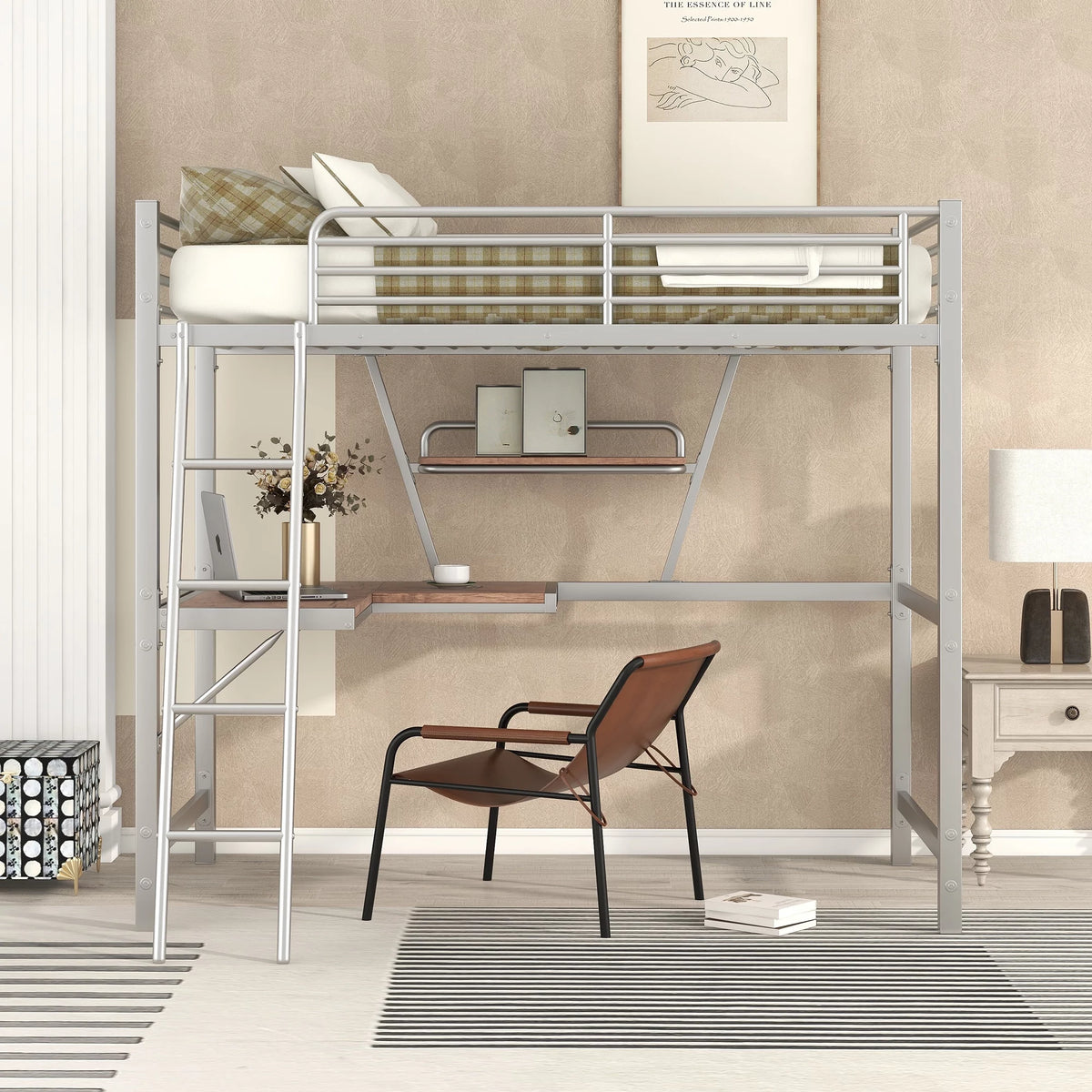 Metal Loft Bed with Desk and Shelf V81258