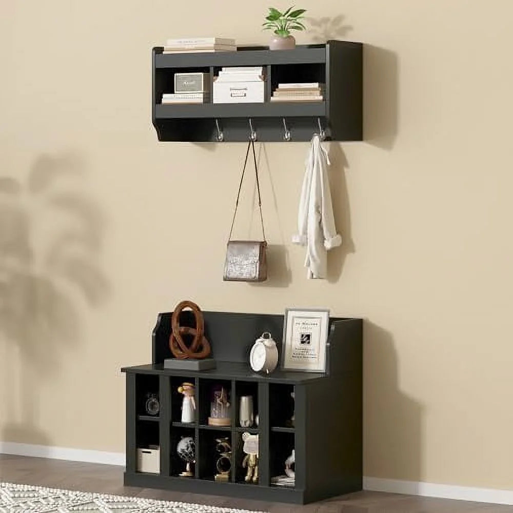 Black Entryway Hall Tree with Shoe Cabinet Bench and 8 Hooks I630