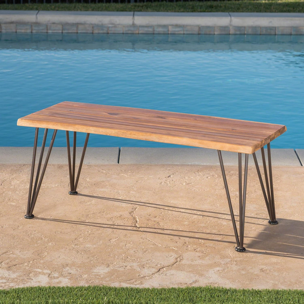 Outdoor Industrial Iron and Teak Finished Acacia Wood Coffee Table E381