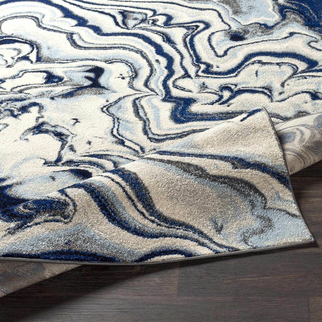 Abstract Coastal Area Rug - Marble Swirl Pattern - Ombre Blue, Royal Blue, Navy Blue, Grey, White - 5'3" x 7'3" B3965