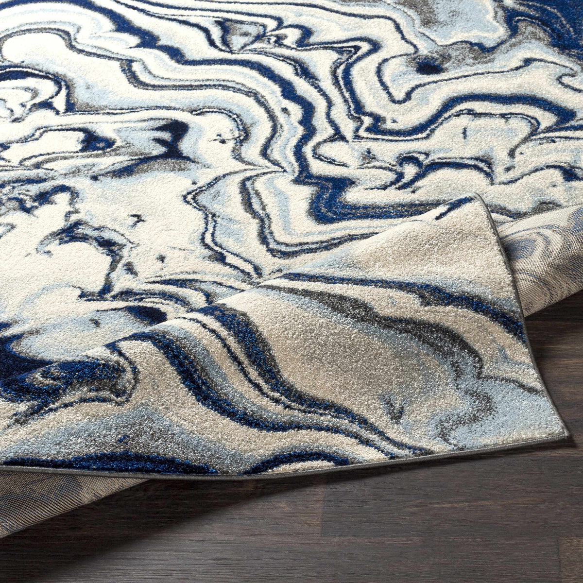 Abstract Coastal Area Rug - Marble Swirl Pattern - Ombre Blue, Royal Blue, Navy Blue, Grey, White - 5'3" x 7'3" B3965