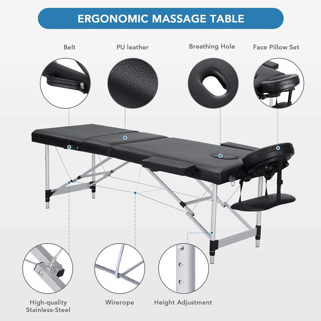 Portable Height Adjustable 3 Sections Wooden Massage Table with Face Hole and Carrying Bag T7826