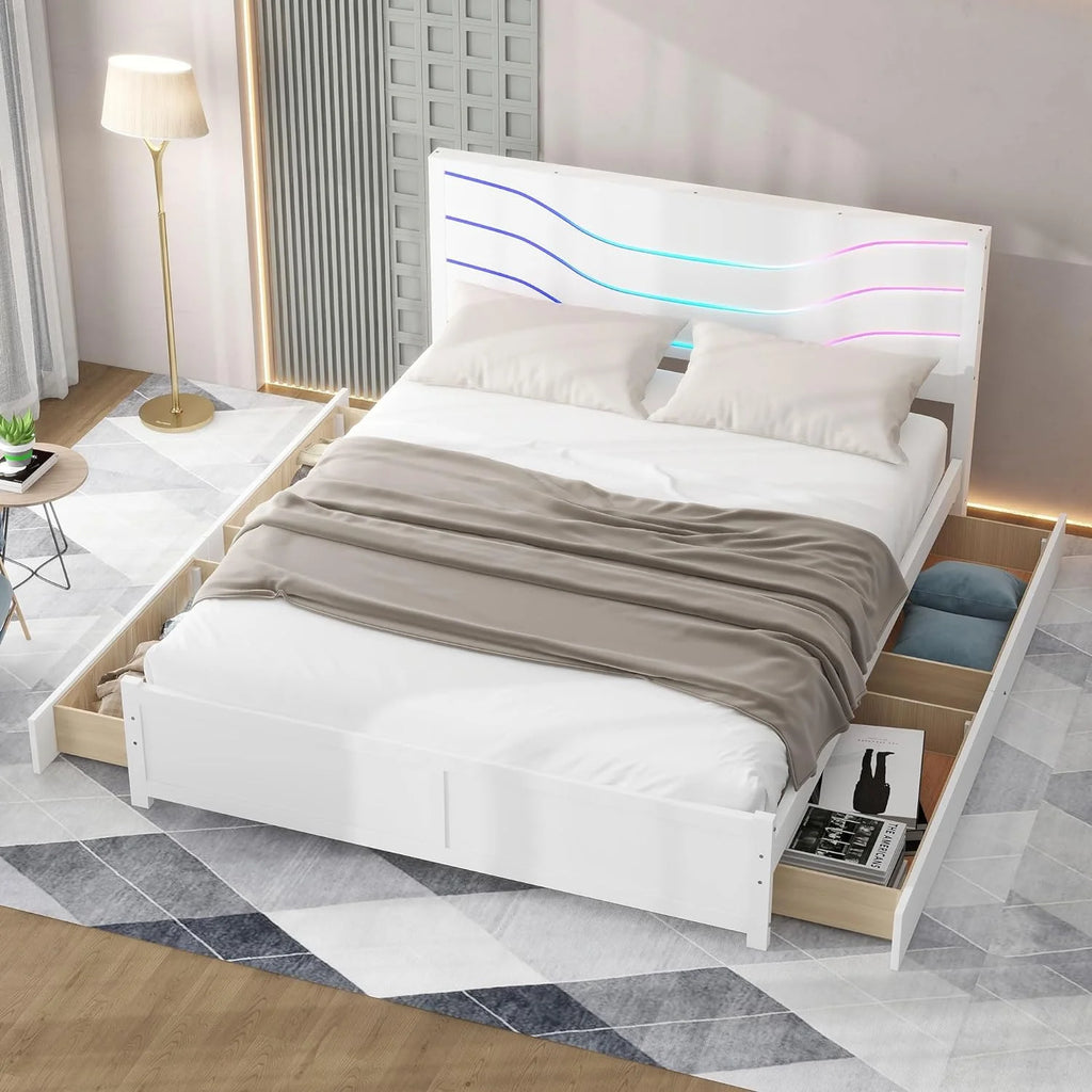 Queen Size Wood Platform Bed Frame with Headboard and 4 Storage Drawers N292411