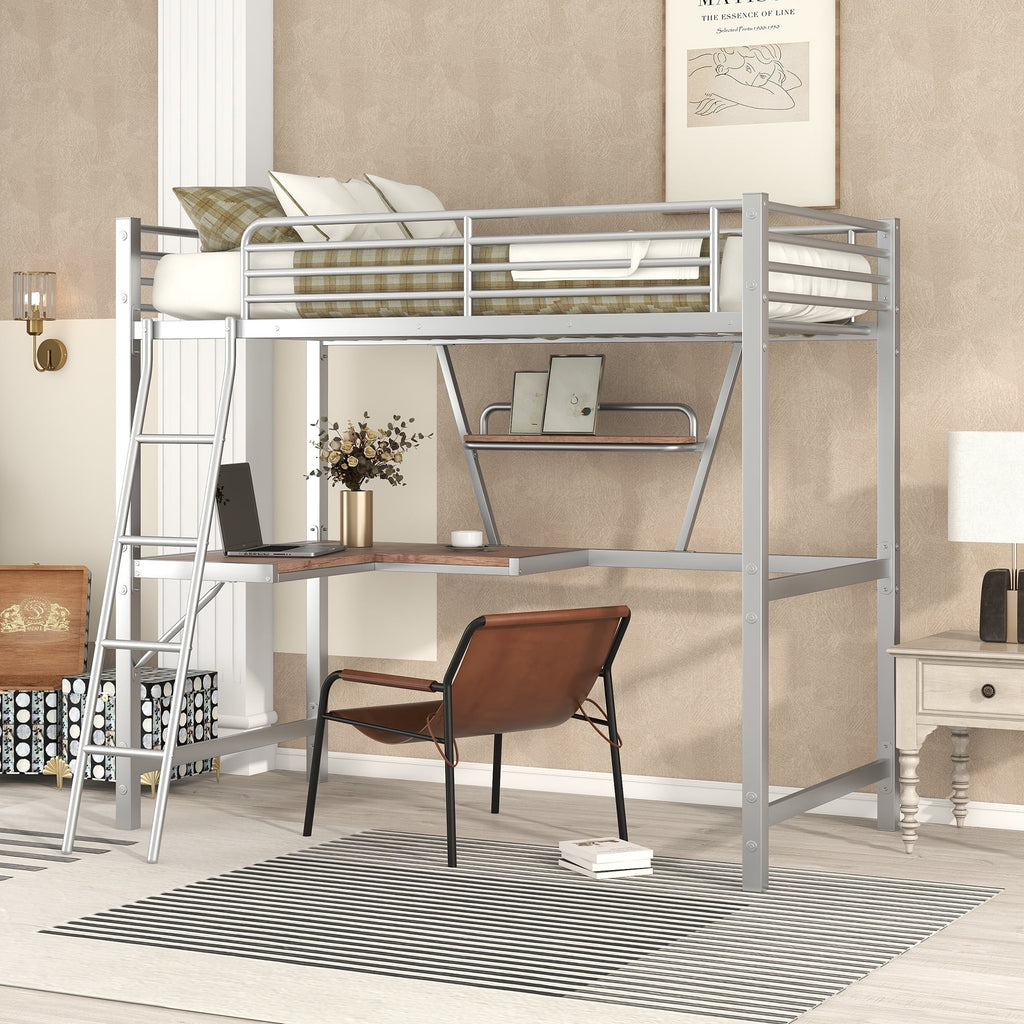 Metal Loft Bed with Desk and Shelf V81258