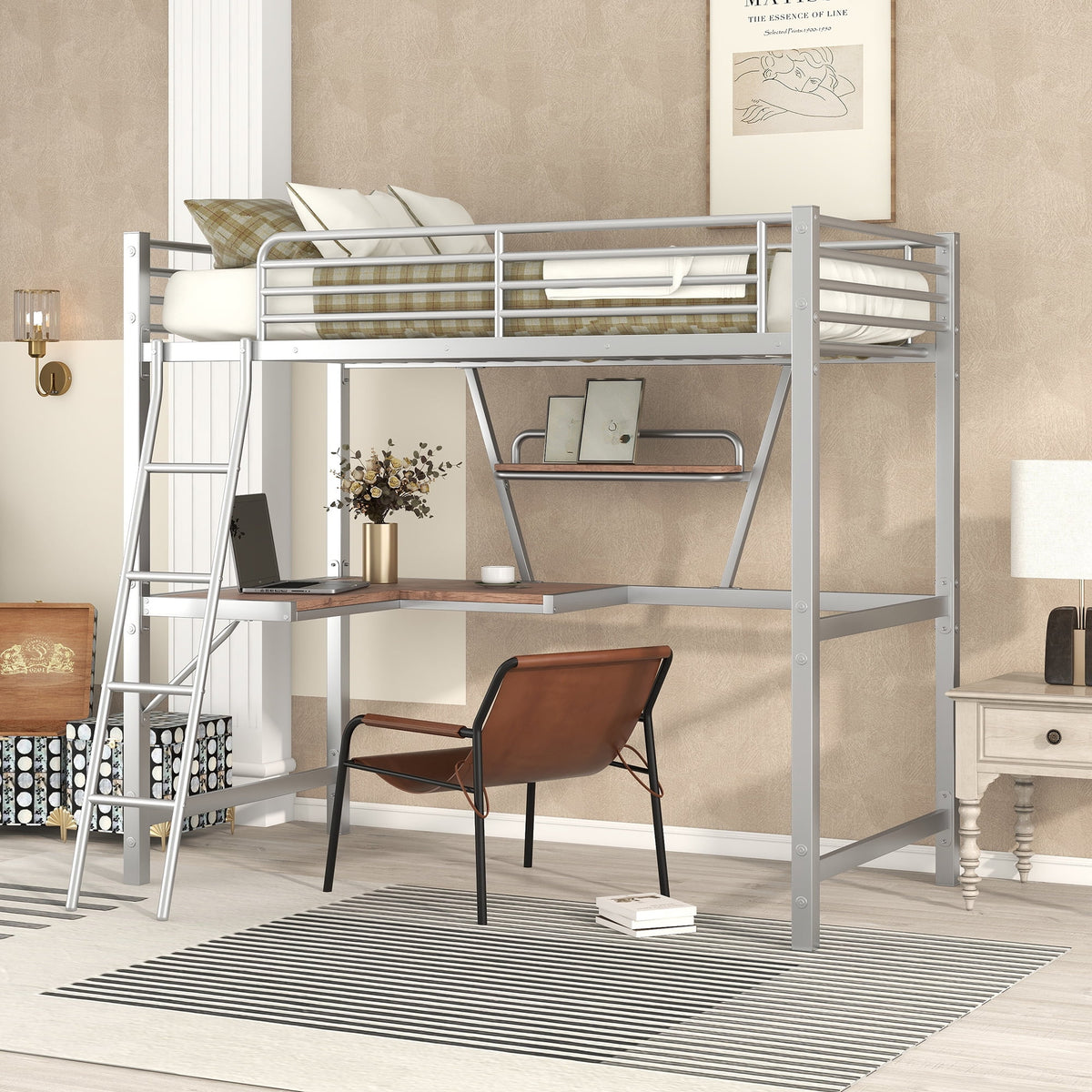 Metal Loft Bed with Desk and Shelf V81258